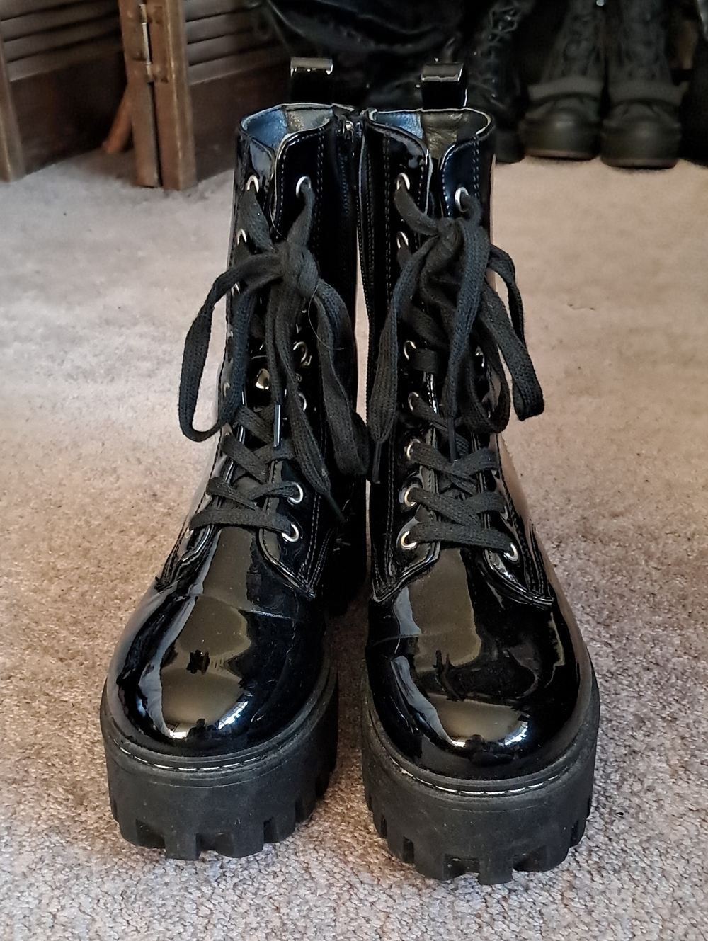 Platform Shiny Black Combat Boots